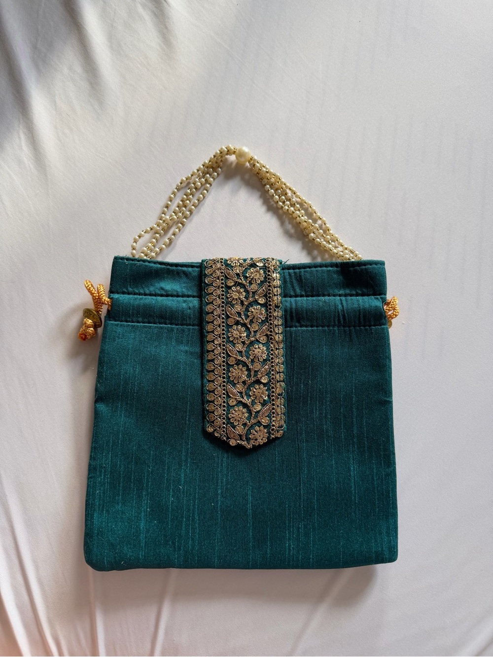 Indian Embroidered Teal Women’s Evening Bag with Pearl Handle